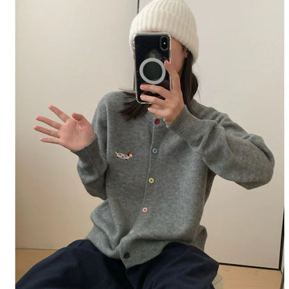 Women Knitwear Chic Embroidery Loose Casual Cardigan Autumn Winter Soft Elegant O-neck Sweaters Commute Basic Knitted Tops GRAY