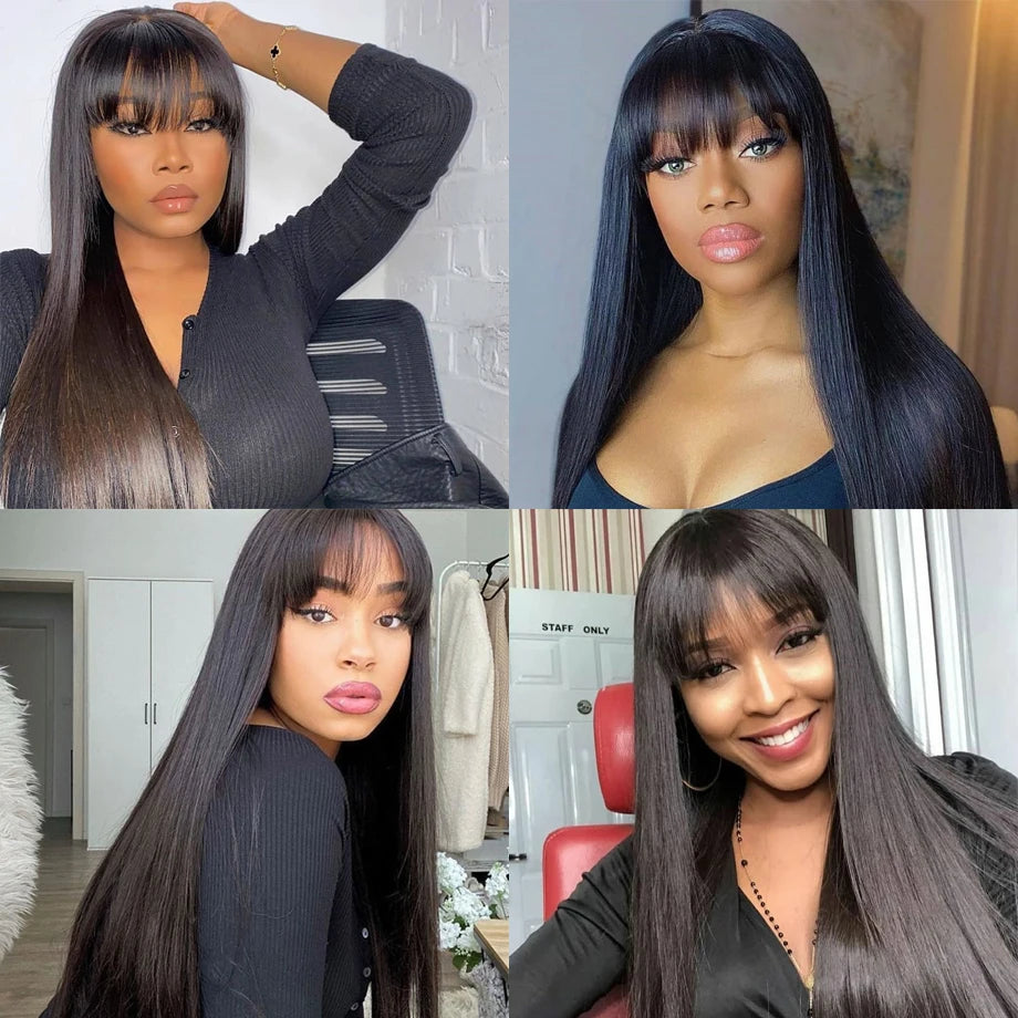 Bone Straight Human Hair Wig With Bangs For Women 30 Inch Brazilian 3x1 Lace Wigs Glueless Wig Human Hair Natural Black Color Badiee Stylez