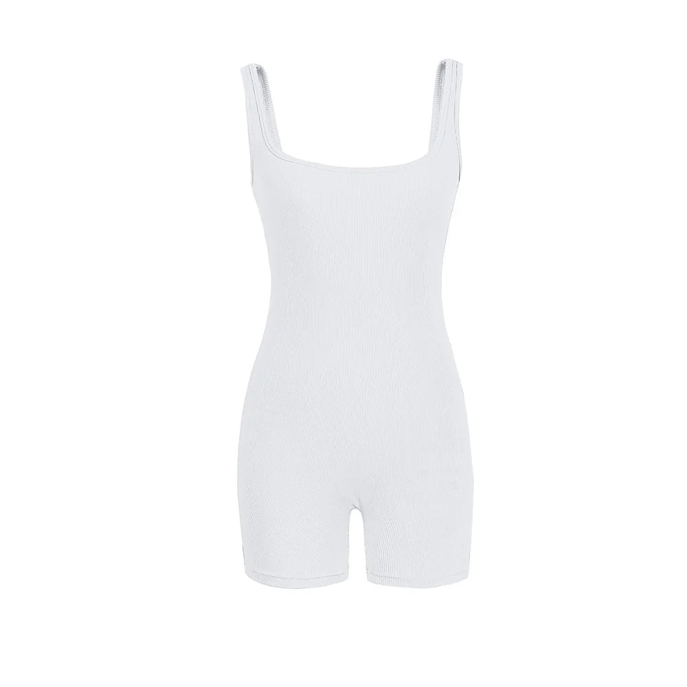 Women's Solid Color Camisole Square Neck Stretchy One-Piece Jumpsuit Sports Tank Top with Tight Pants And Belly Control