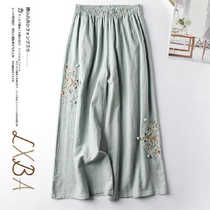Summer Cotton Linen Cropped Pants Women Casual Thin Vintage Ethnic Bottom Embroidered Wide Leg Pants Woman Clothes Trousers pea green