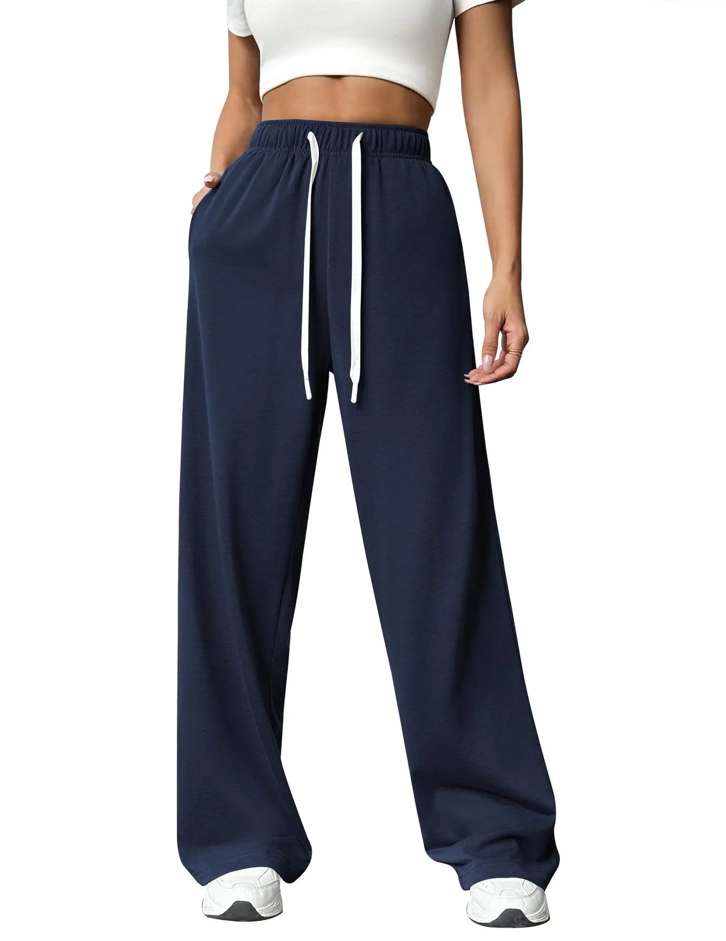 Casual Wide Leg Sports Pants for Women Casual Straight Leg Loose Solid Color Elastic Drawstring High Waisted Wide Leg Pants