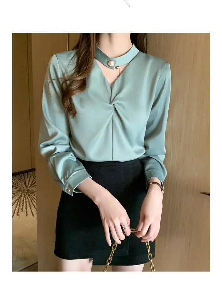 Satin Beading Halter V-Neck Woman Blouses 2022 Spring New Elegant Fashion Office Lady Long Sleeve Loose Commuter Shirts Female