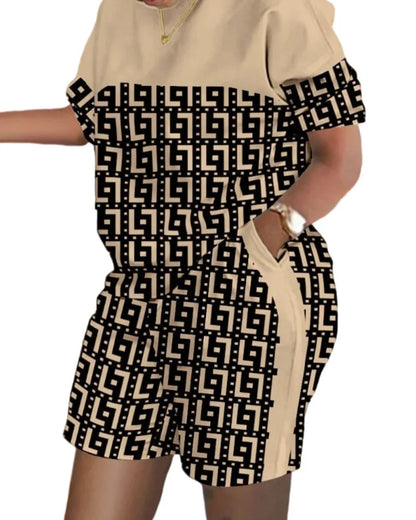 Women's T-shirt+Hot Pants Two Piece Set 2024 Summer Fashion Casual Printing Quick Drying Sports Fitness Top Shorts Female Suit 7