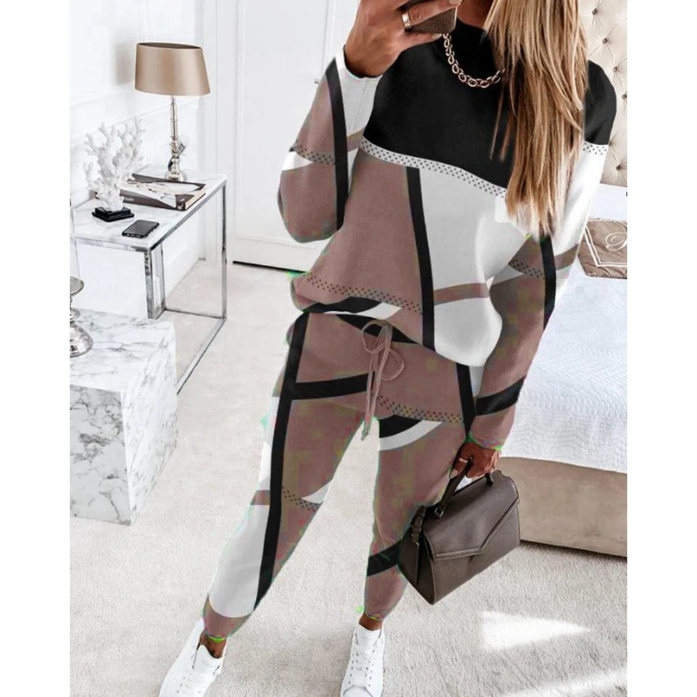 Women Casual Two Piece Sets Fashion Geometric Print O-Neck Long Sleeve Tops and Drawstring Pencil Pants Sets Office Lady Outfits Badiee Stylez