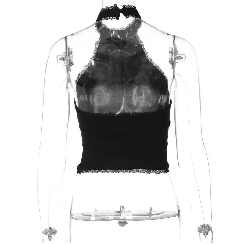 Lygens Halter Rhinestone Diampnds Lace Backless Sleeveelss Women'S Tops Tshirts Y2K Wholesale Casual Solid Fashion Clothing