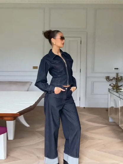 Lapel Zipper Denim Jackets Pants Sets Women Casual Pockets Short Jackets Suit With High Waist Jeans Lady Chic High Street Outfit