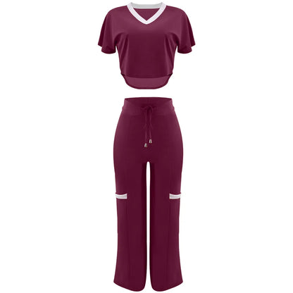 Elegant Women's Casual Short Sleeve T-shirt Sports Suit Summer Fashion Solid V Neck Short Top & Straight Pants Two Piece Sets