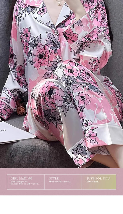 Korean Style Women's Two-piece Pajamas Sets Fashion Flower Print Faux Silk Satin Sleepwear Female Long Sleeve Pants Housewear