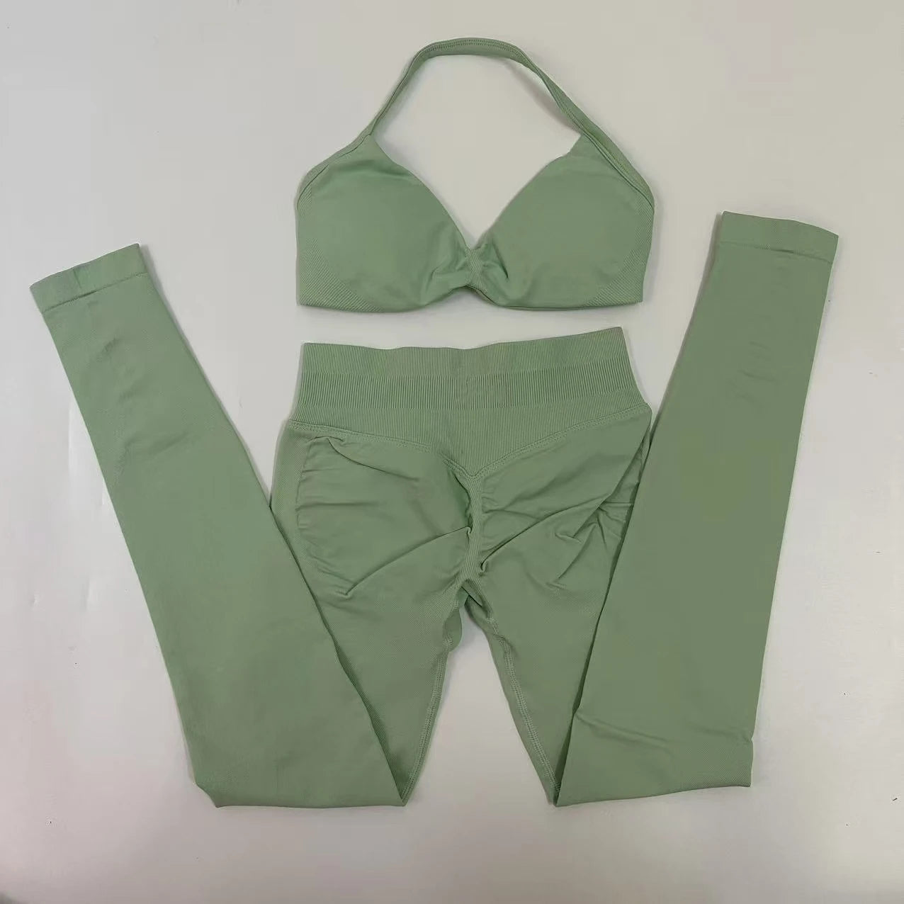 No Logo Seamless Yoga Set Women Workout Scrunch Leggings Set Strappy Halter Sports Bra Fitness Gym Clothing Workout Set 2 Pieces Badiee Stylez