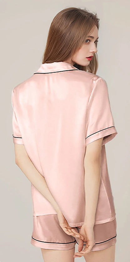 100% Real Mulberry Silk Womens Pajamas Set Sleepwear Pjs Button Down Short Sleeve Shirt Top and Shorts Loungewear 2 Piece M-4XL