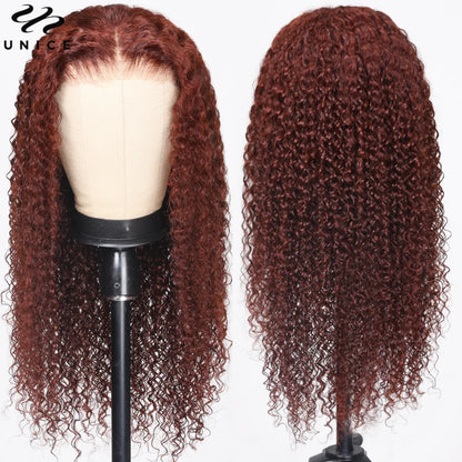 UNice Hair 7x5 Bye Bye Knots Wig Human Hair Reddish Brown Curly Lace Wig Wear Go Glueless Wig Pre Cut Bleached Lace Closure Wig