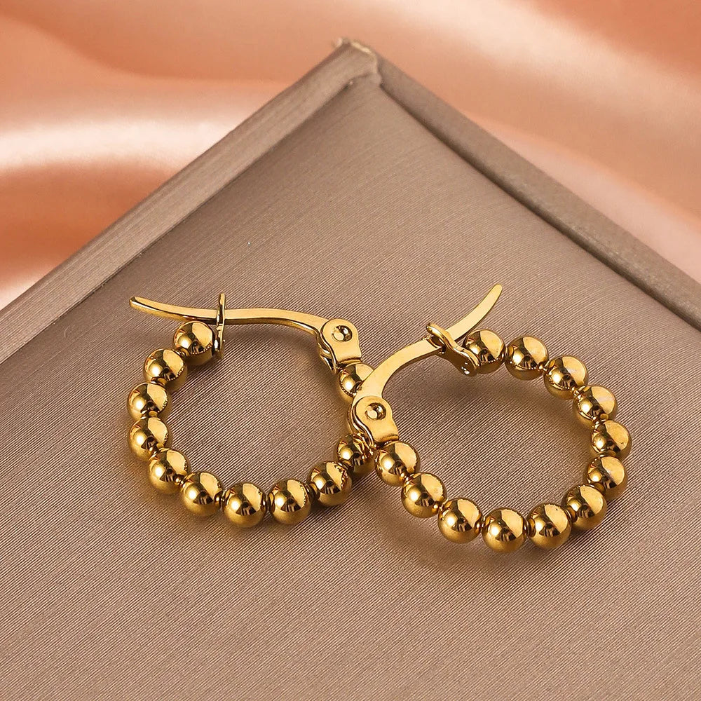 Stainless Steel Women's Hoop Earrings, Non Fading Fashionable Gold Color Metal Bead Earrings, Classic Jewelry Accessories