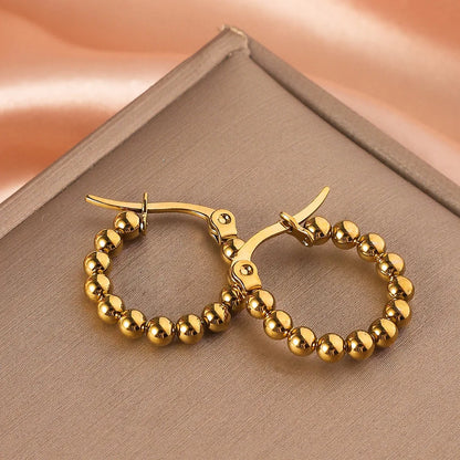 Stainless Steel Women's Hoop Earrings, Non Fading Fashionable Gold Color Metal Bead Earrings, Classic Jewelry Accessories