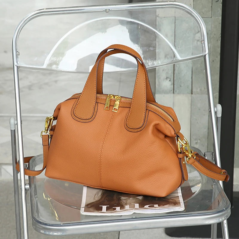 Hifashion 100% Cowhide Genuine Leather Handbags For Women 2025 Trend Designer Wide Strap Pillow Ladies Shoulder Crossbody Bags Brown