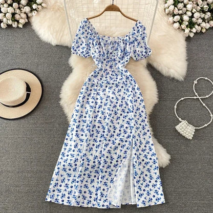 Summer Vintage Dress Blue Floral Summer Bubble Sleeve Tie Up Sexy Dresses Women A-line Print Split Long Dress Elegant Vestidos Blue