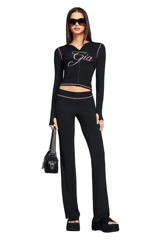 slim fit shoulder floral print bright line design slim fit hooded zipper short jacket pants for women