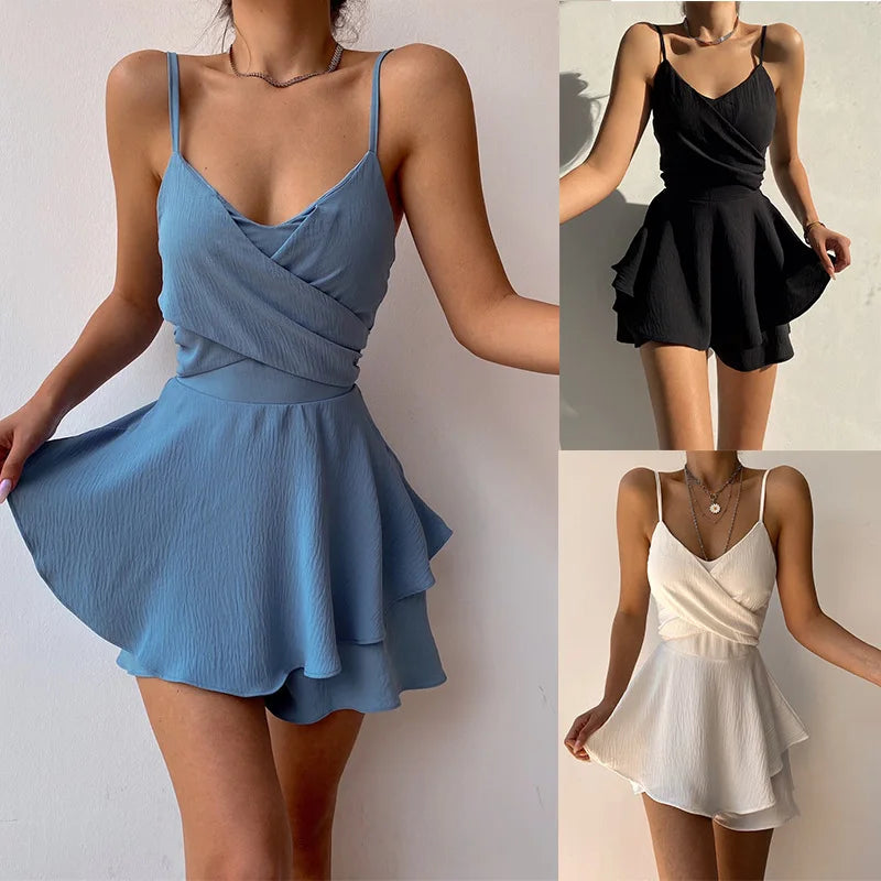 2025 Slim Suspender Strap Sexy Jumpsuits Y2k Ruffles Rompers Summer Casual Threaded Slip Playsuits Female Elegant Skirt Pants