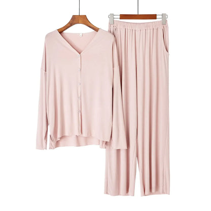 Japanese new style cotton pajamas suit ladies spring and autumn cardigan solid color long-sleeved trousers home service suit light pink One Size