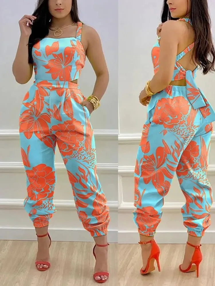 New Summer Fashion Printed Sleeveless Jumpsuit Sexy Hollow Backless Lace Up Long Jumpsuits Elegant Casual Jumpsuit With Pocket Badiee Stylez
