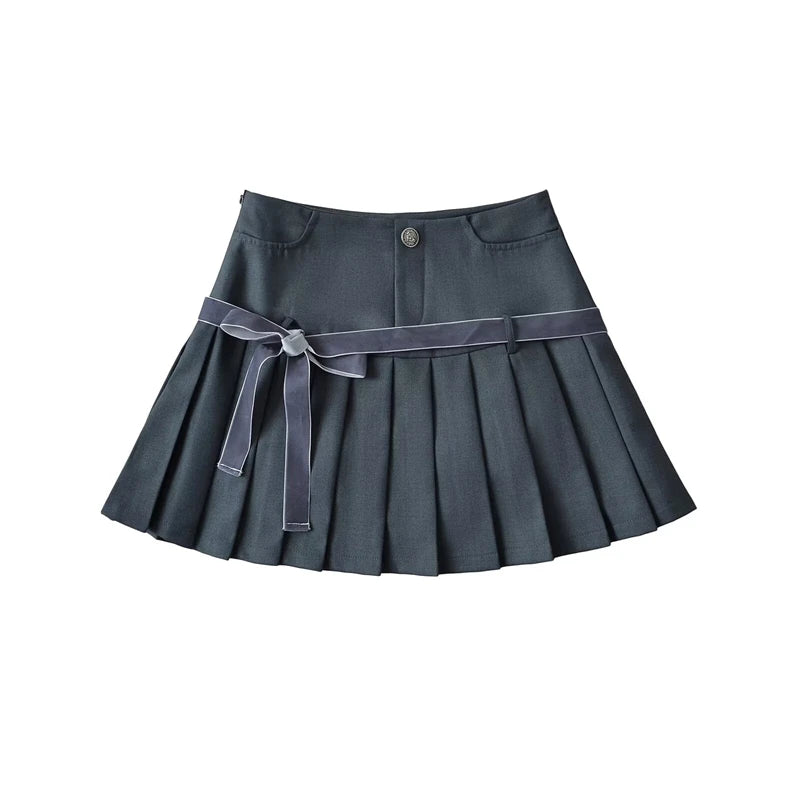 Women's Y2k A-line Pleated Skirt Vintage Plaid Mini Skirt Harajuku Korean Elegant Preppy Style Bow Skirts 2000s Clothes Summer Dark Grey