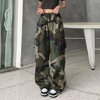 Womens Camouflage Cargo Pants Streetwear Hip Hop Baggy Trousers Casual Drawstring Joggers Pockets Loose Wide Leg Sweatpants army green