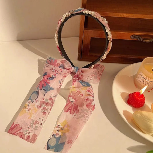 Retro Silk Scarf Headband Floral Print Pearl Braided Hairband Adjustable Bow Non Slip Ribbon Hairband for Women Girls Kid Style 5