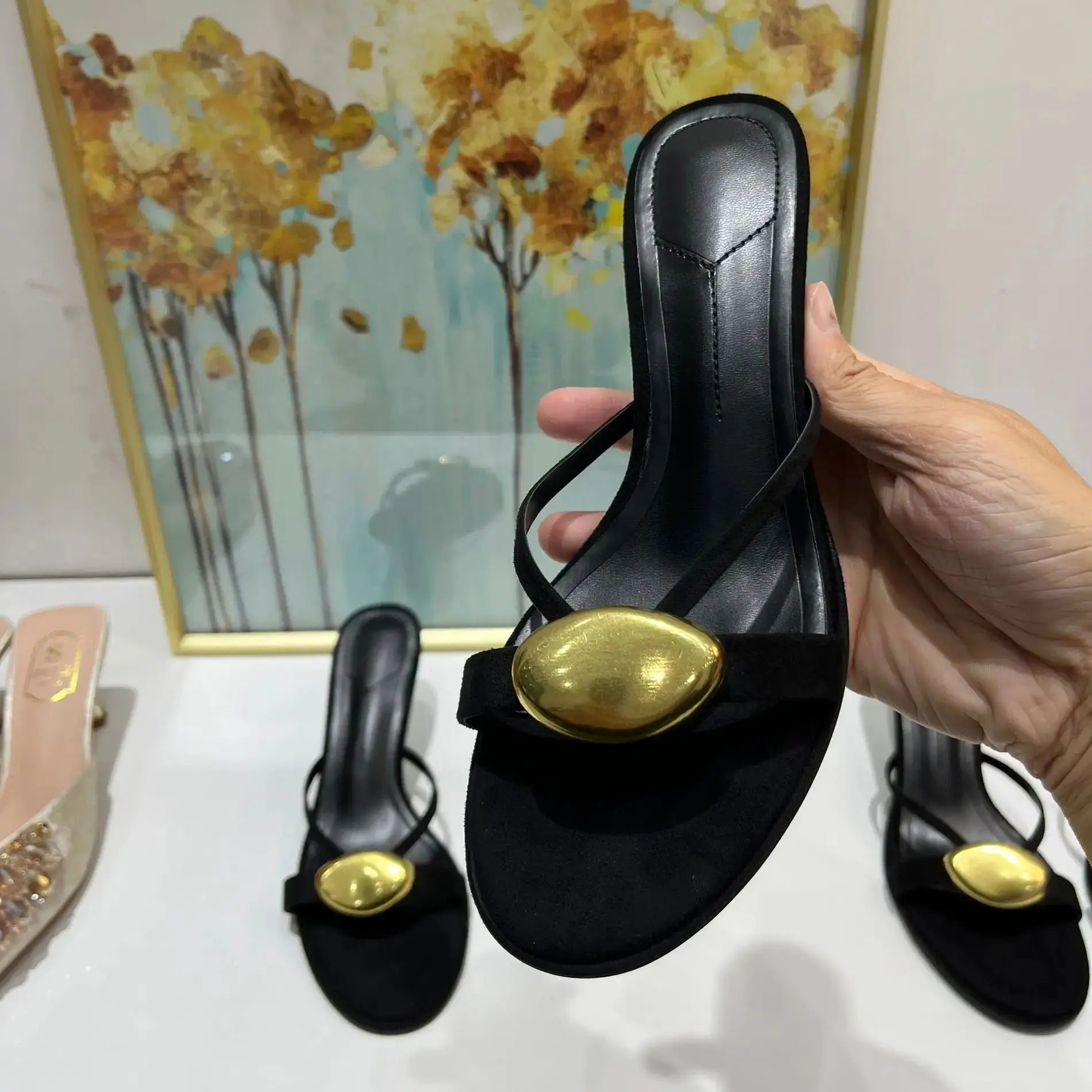 Shoes Woman 2025 Summer New Black Metal Decorative Women's Sandals Outerwear Fashion Open Toe Thin Heels Slippers