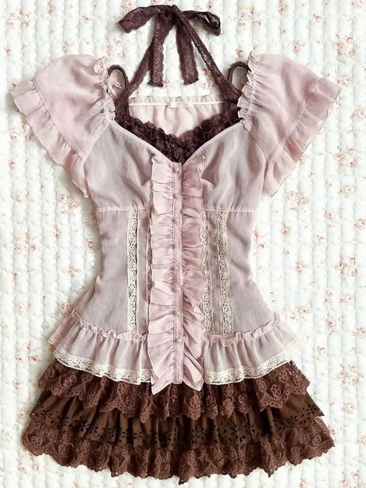 Japanese 2000s Y2k Gyaru Lolita Pink Shirt Womens Dresses 3-Piece Kawaii Sling Bow Short Dresses Sexy Fashion Party Dress Sweet 3-piece set