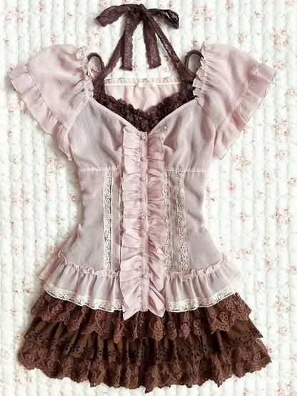 Japanese 2000s Y2k Gyaru Lolita Pink Shirt Womens Dresses 3-Piece Kawaii Sling Bow Short Dresses Sexy Fashion Party Dress Sweet 3-piece set