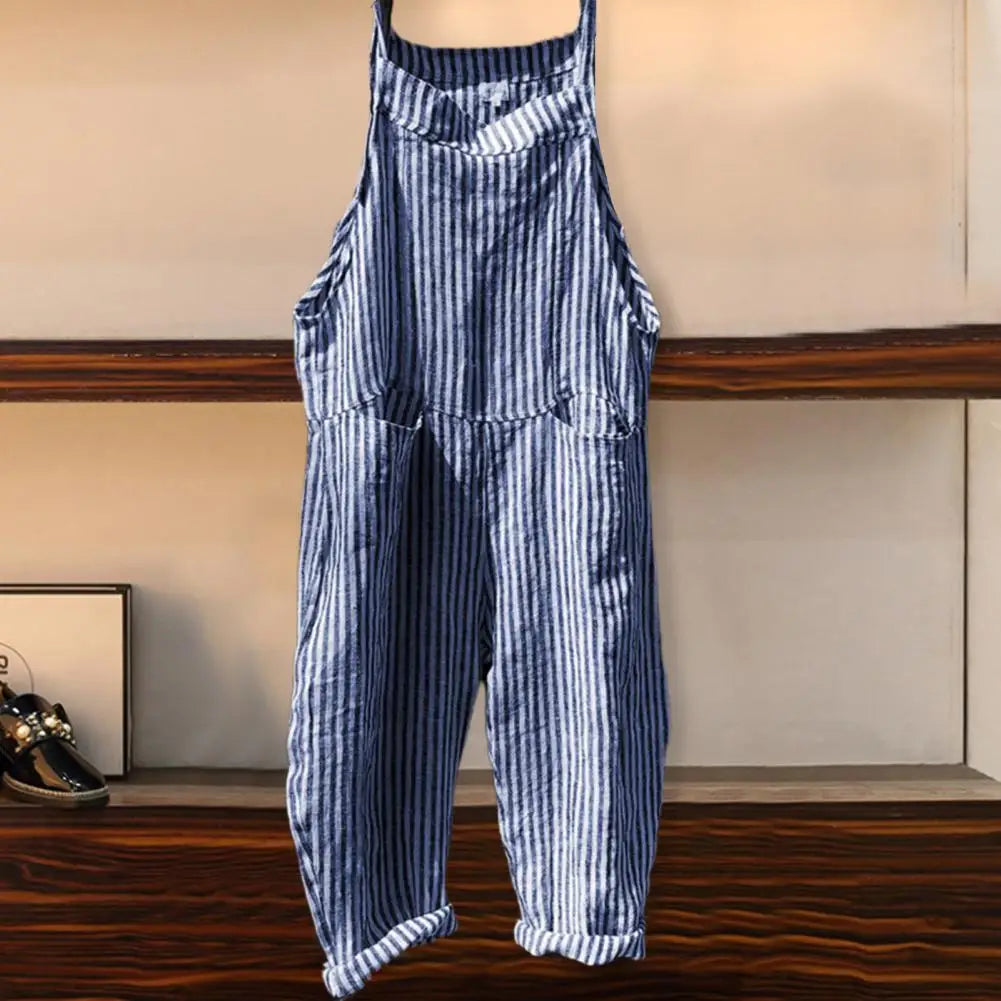Casual Striped Print Sleeveless Jumpsuit Sling Big Pockets Wide Leg Summer Jumpsuit Women Female Clothing
