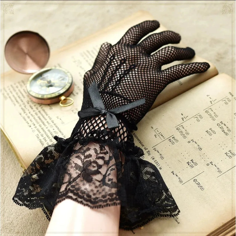 Girls Lolita Lace Hollow Out Gloves Women Ceremony Etiquette Mesh Thin Mittens Gothic Punk Sexy Glove Black White Soft Elastic