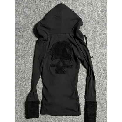 Deeptown Y2k Black Vintage Printed Hoodies Women V Neck Long Sleeve American Fashion Hooded Sweatshirt Streetwear Hip Hop Spring