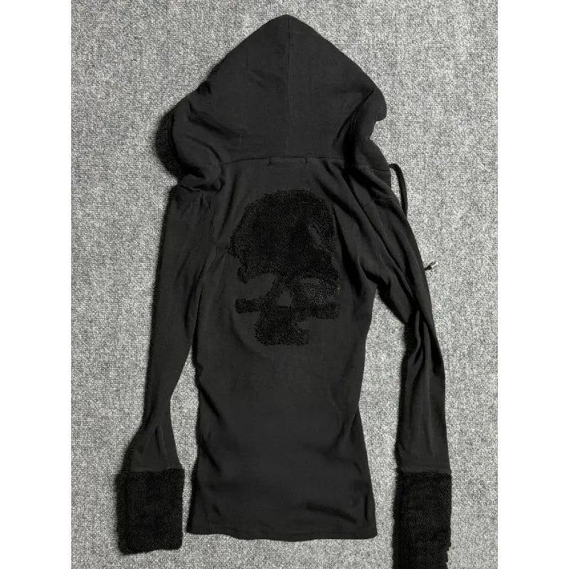 Deeptown Y2k Black Vintage Printed Hoodies Women V Neck Long Sleeve American Fashion Hooded Sweatshirt Streetwear Hip Hop Spring