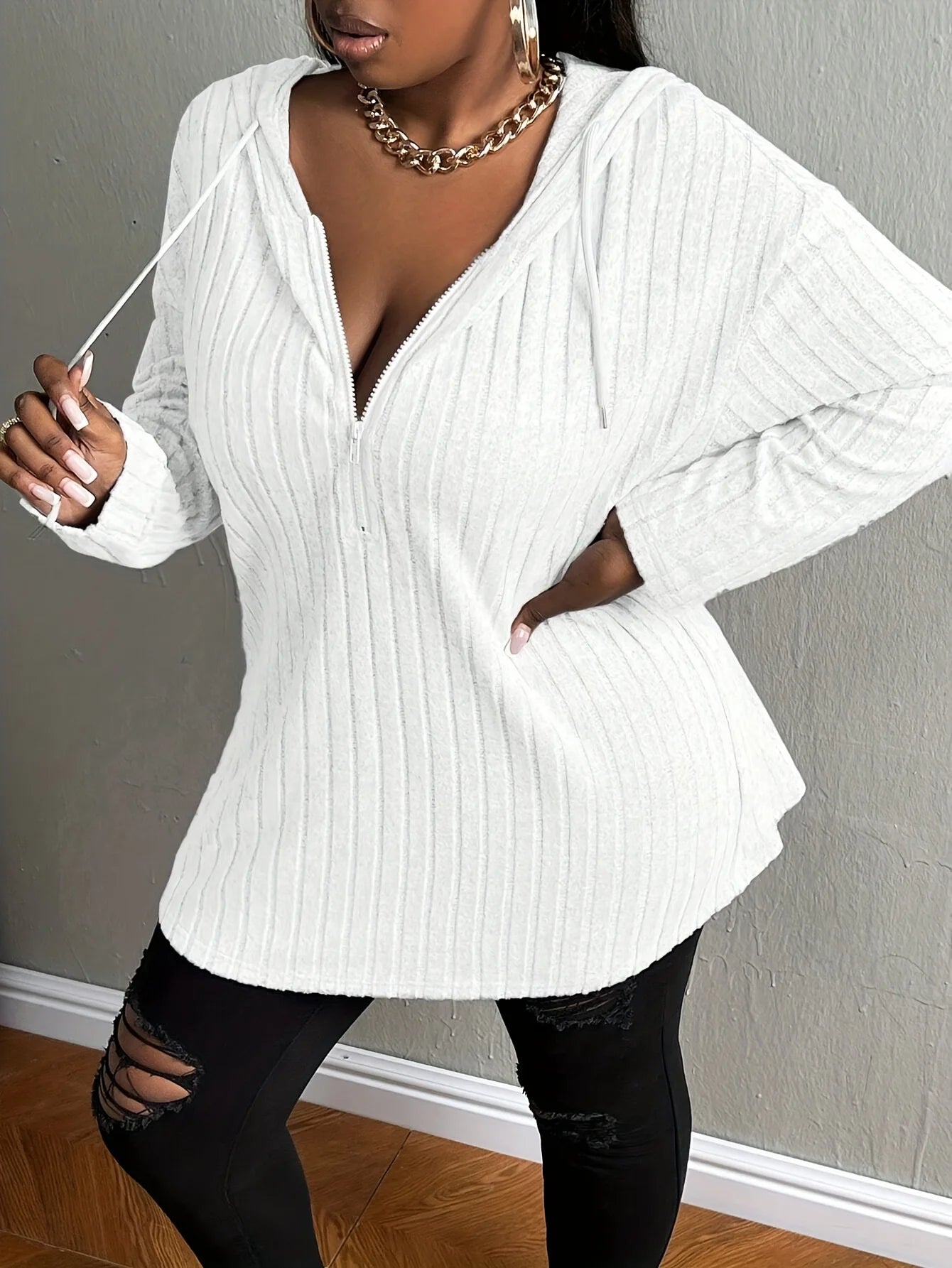 Plus size European and American cross-border autumn and winter new casual solid color half zipper hooded sweatshirt