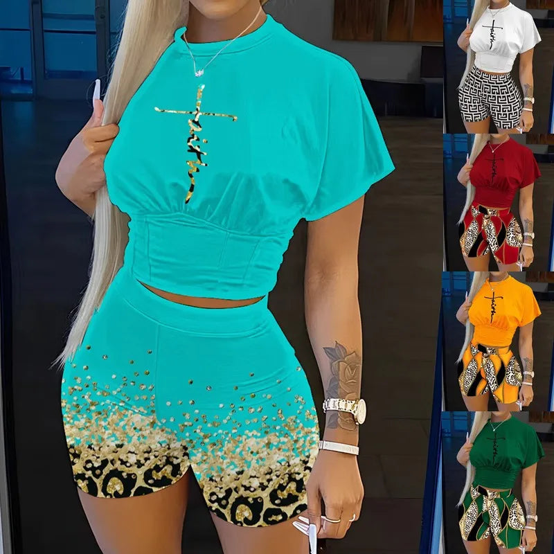 Women Two Piece Short Sets Round Neck Crop Tops Pullovers High Waist Shirts Elastic Waist Shorts Matching Sets Y2k Summer