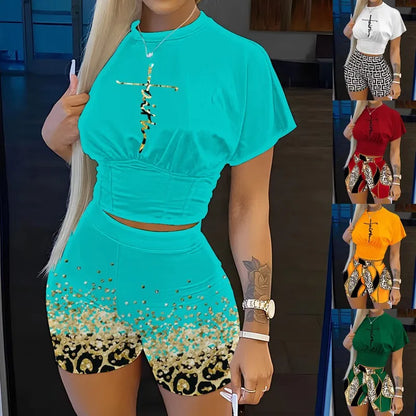 Women Two Piece Short Sets Round Neck Crop Tops Pullovers High Waist Shirts Elastic Waist Shorts Matching Sets Y2k Summer