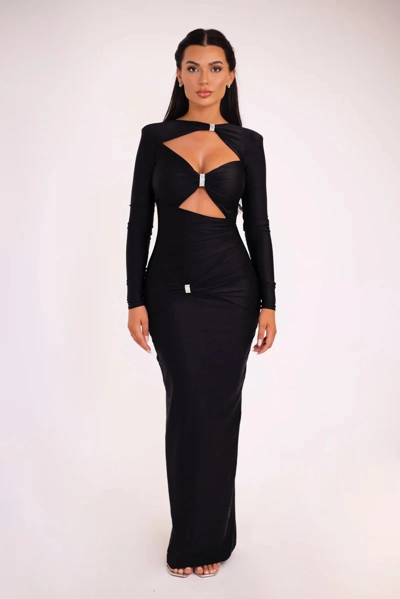 Articat Sexy Hollow Out Long Sleeved Elastic Tight Dress Women Pleats Double Layered Female Vestidos Elegant Party Evening Dress