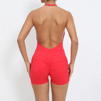 Gym Sport Jumpsuit Short Jumpsuit with Pocket Women Sportswear One Piece Yoga Set Sexy Backless Scrunch Fitness Overalls Romper
