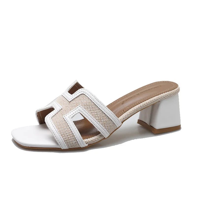 2025 Summer new arrival,fashion style grids high heel slippers for woman,thick heel outwear beach sandals for women WHITE