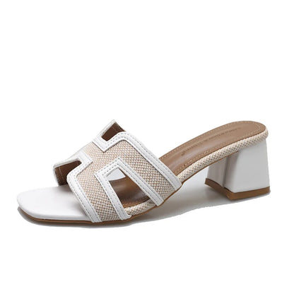 2025 Summer new arrival,fashion style grids high heel slippers for woman,thick heel outwear beach sandals for women WHITE