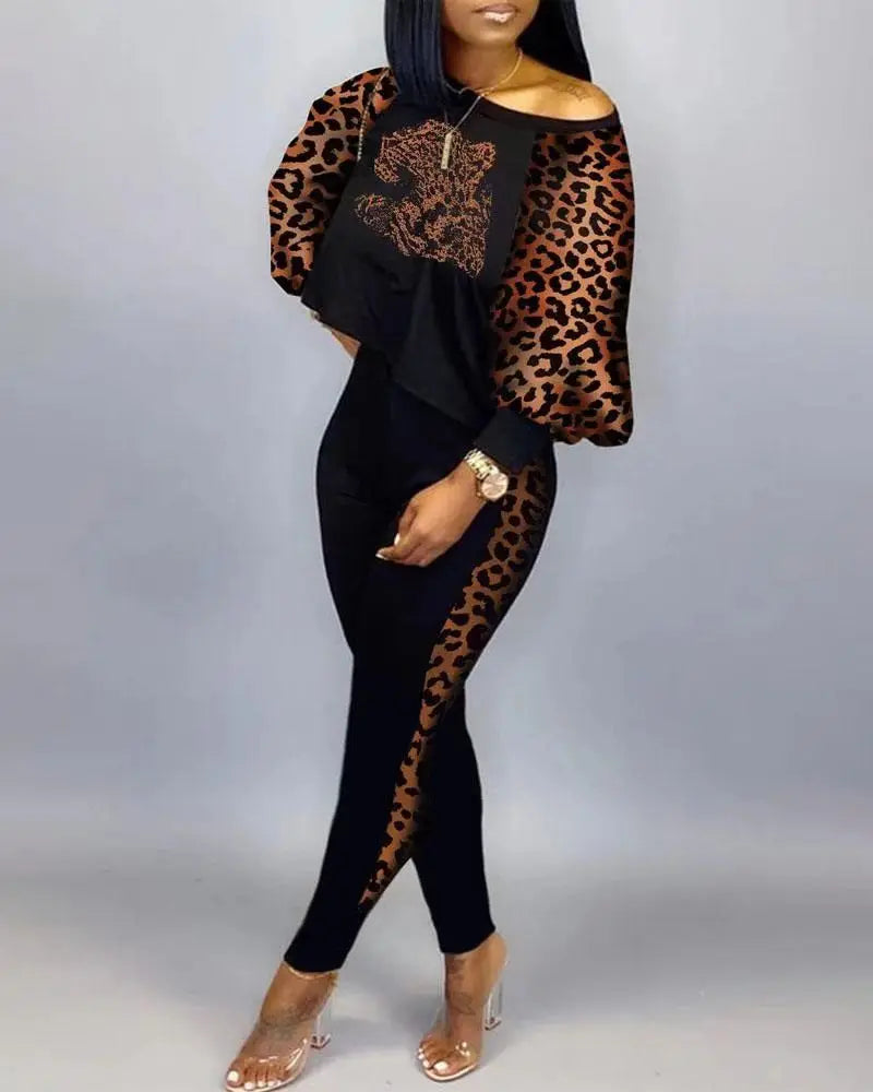 2024 New Autumn Women's Long-Sleeved Round Neck Off-Shoulder Fashion Casual Suit Pants Set Woman Coordinated Pants Sets leopard print