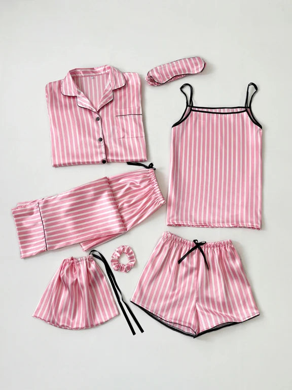 Luxurious women's starry sky print, leopard print satin pajama set, including pocket collar top, pants, shorts, adjustable shoul