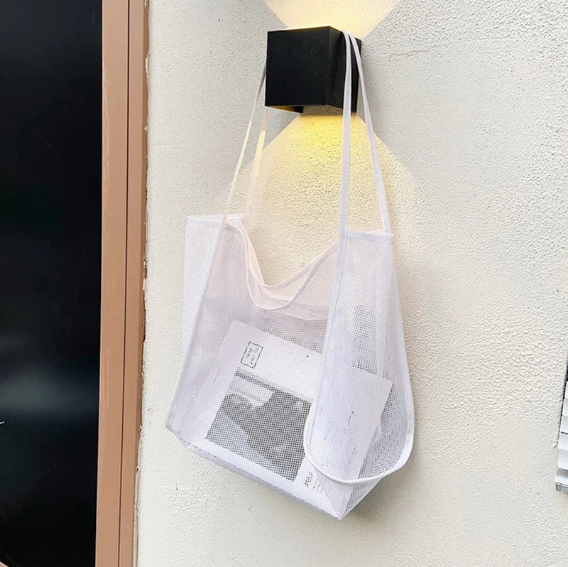 Summer Fashion Mesh Handbag Totes Hollow Out Shoulder Bags For Women Female Casual Fashion Large Capacity Shopping Pack white 38x40x23cm