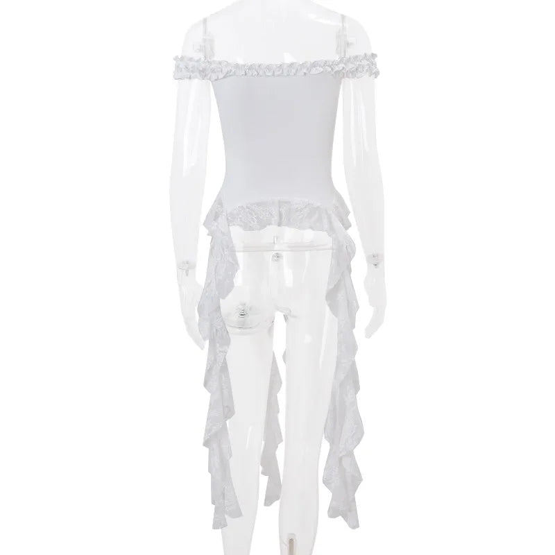 Hollow Out Lace Crop Top Women Sexy Off Shoulder Bodycon Bandage Slim Tank Tops Ladies 2024 Folds Lace-up T-shirts Femme