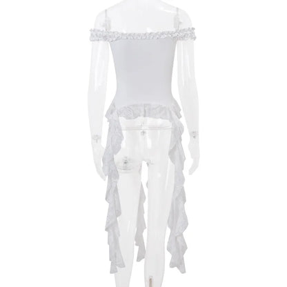 Hollow Out Lace Crop Top Women Sexy Off Shoulder Bodycon Bandage Slim Tank Tops Ladies 2024 Folds Lace-up T-shirts Femme