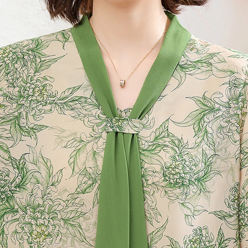 Women's Shirt Middle-aged Mother Elegant Summer Lady Shirts Bandage Floral Printed Chiffon Shirt Blouse Women's Clothing
