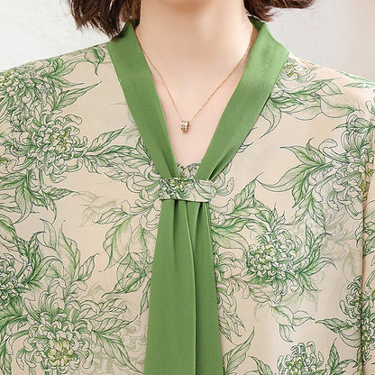 Women's Shirt Middle-aged Mother Elegant Summer Lady Shirts Bandage Floral Printed Chiffon Shirt Blouse Women's Clothing
