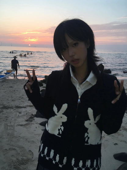 Karrram Japanese Y2k Knit Cardigans Vintage Rabbit Embroidery Zipper Knitwear Harajuku 2000s Korean Knitted Coat Preppy Style