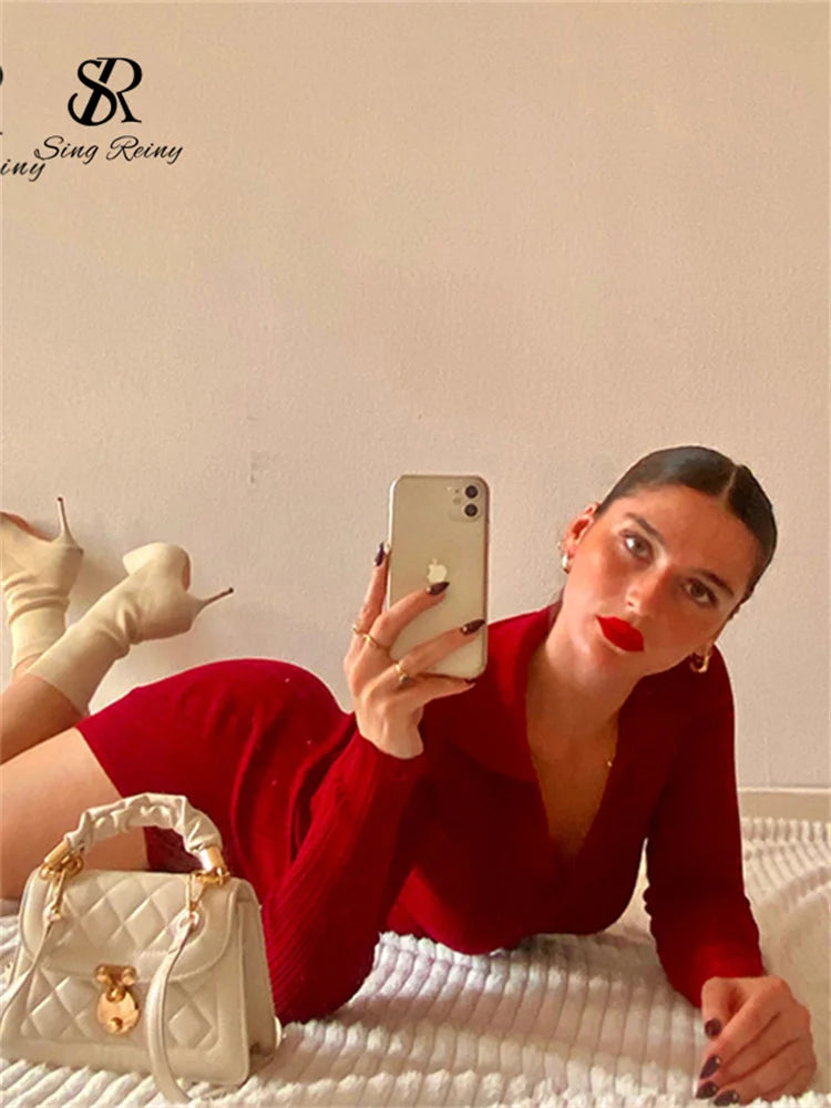 SINGREINY Women Korean Knitted Dress Long Sleeve V Neck Elastic Slim Pencil Dresses 2021 Autumn Sexy Bodycon Split Sweater Dress