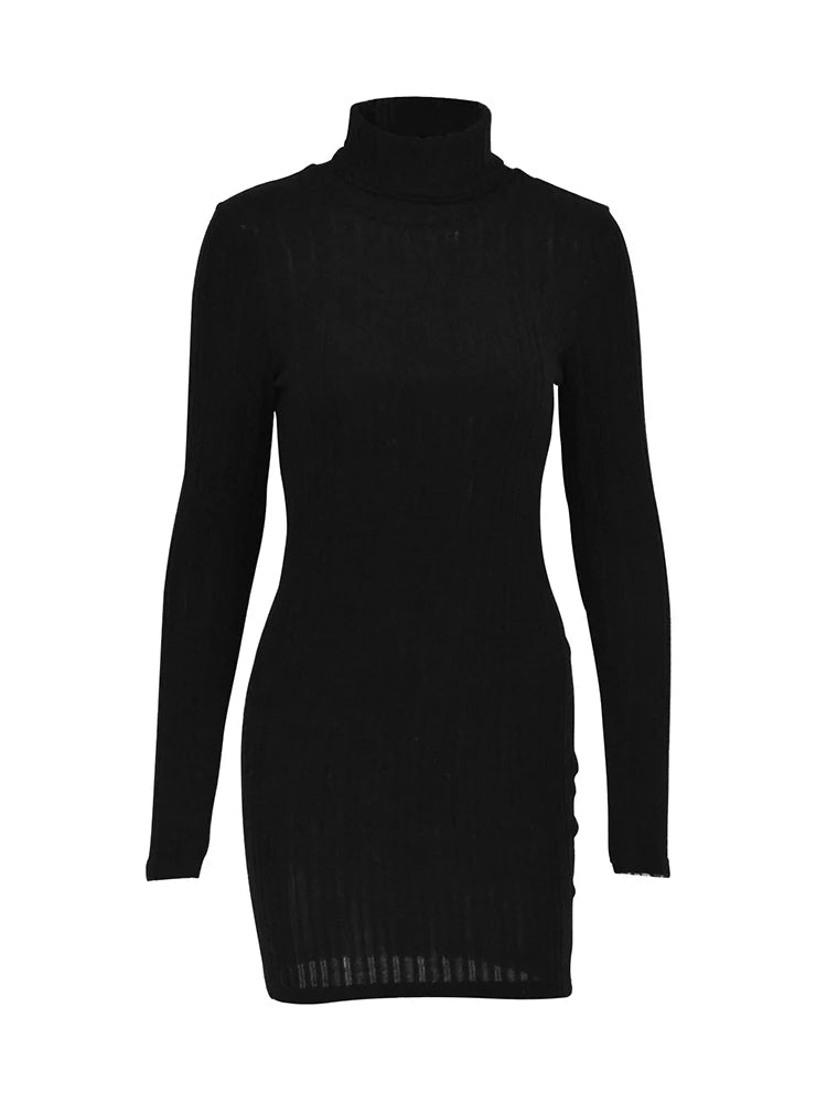 New Solid Dress Women Elegant Party Autumn Winter Turtleneck Long Sleeves Sexy Sheath Mini Dresses Bodycon Club Knitted Dress